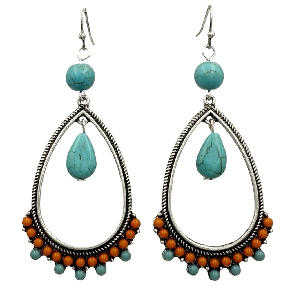 Turquoise & Orange Dot Teardrop Silver Tone Statement Earrings